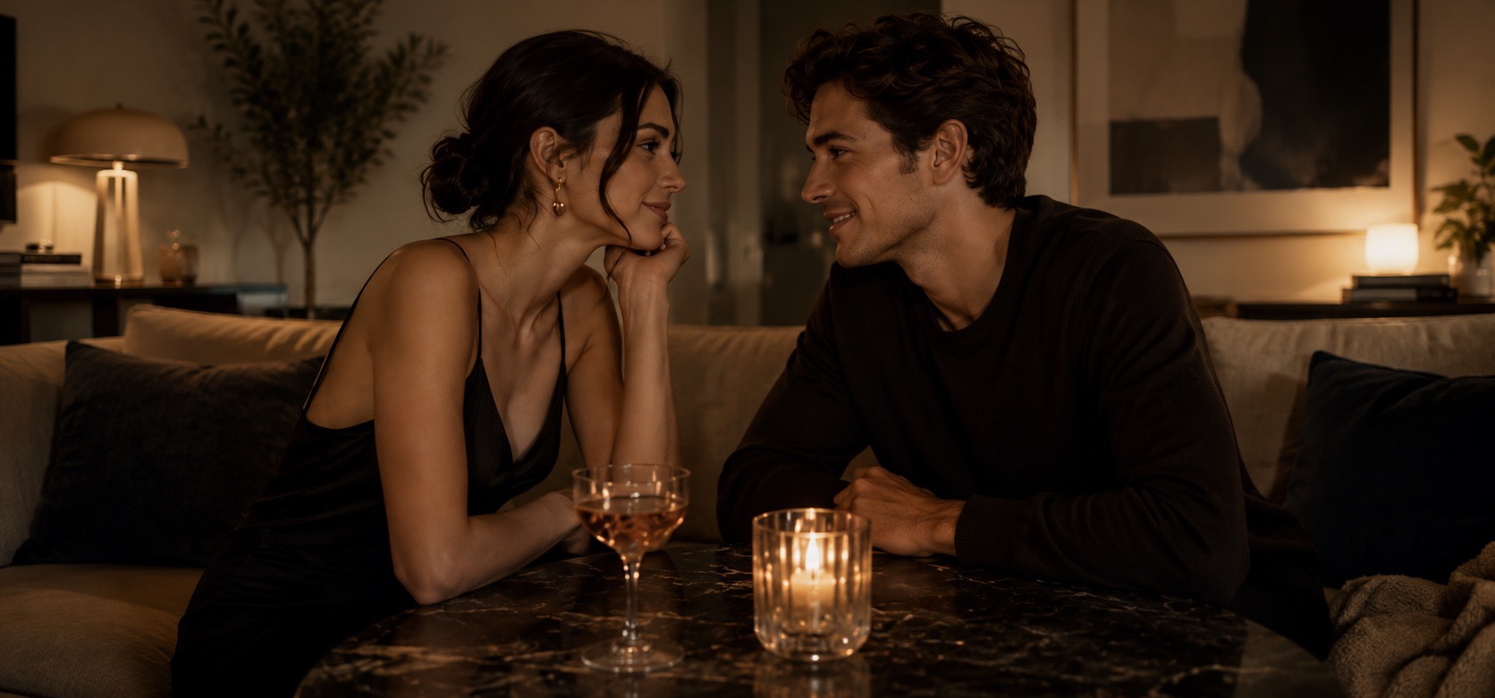 Couple talking over a candlelit drink at home